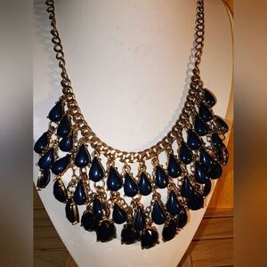 Vtg Beautiful Blue Faceted Lucite And Gold Necklace NWOT